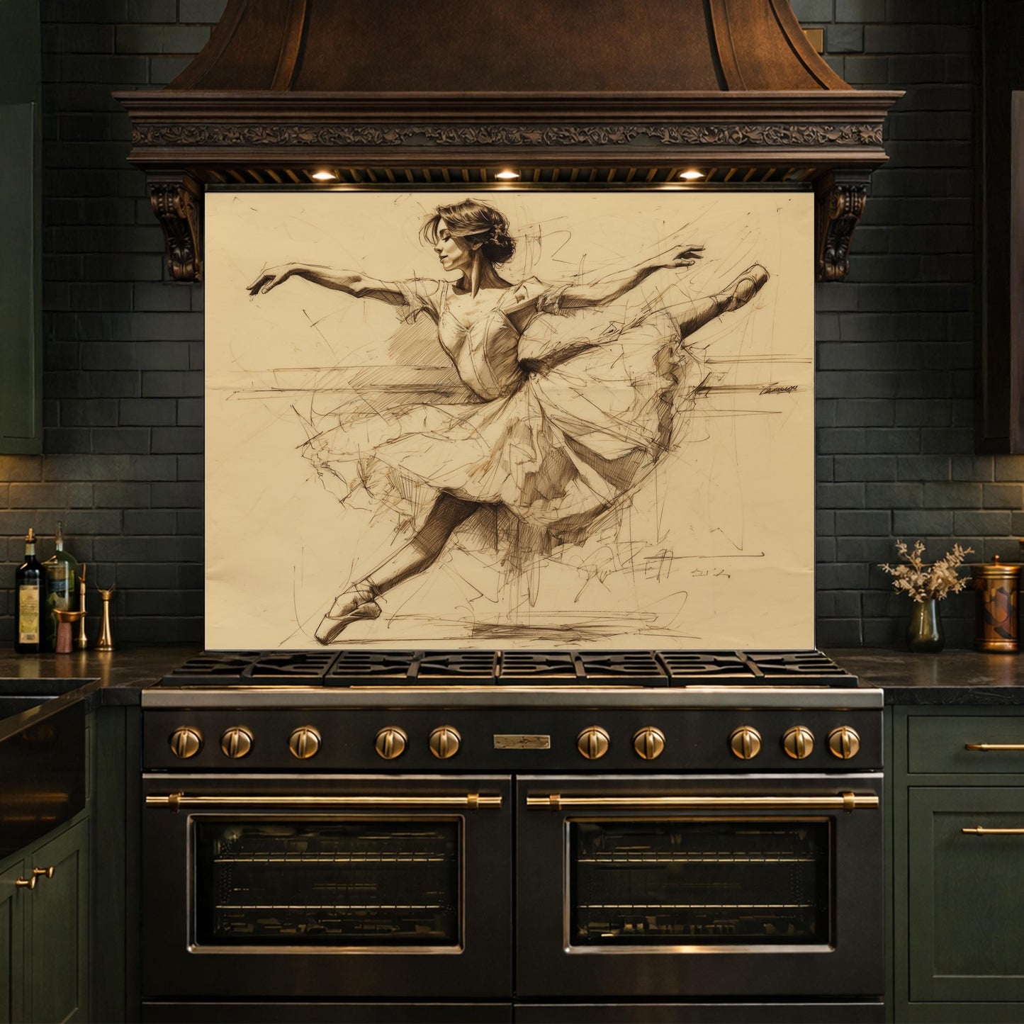 Ballerina Dance Sketch Tempered Glass Kitchen Backsplash, Modern Ballet Art Panel