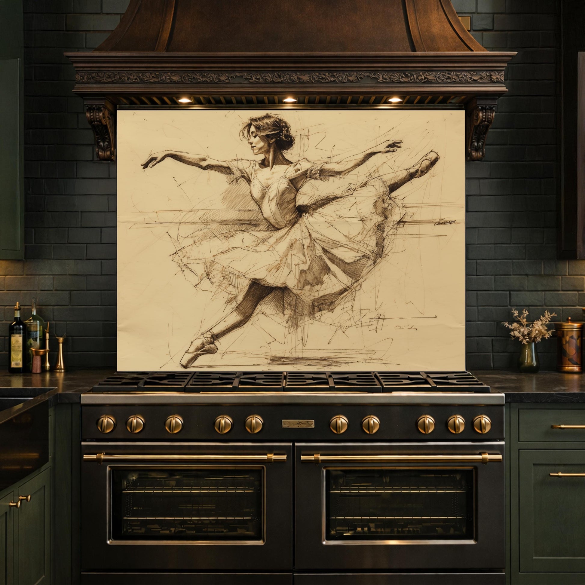 Ballerina Dance Sketch Tempered Glass Kitchen Backsplash, Modern Ballet Art Panel