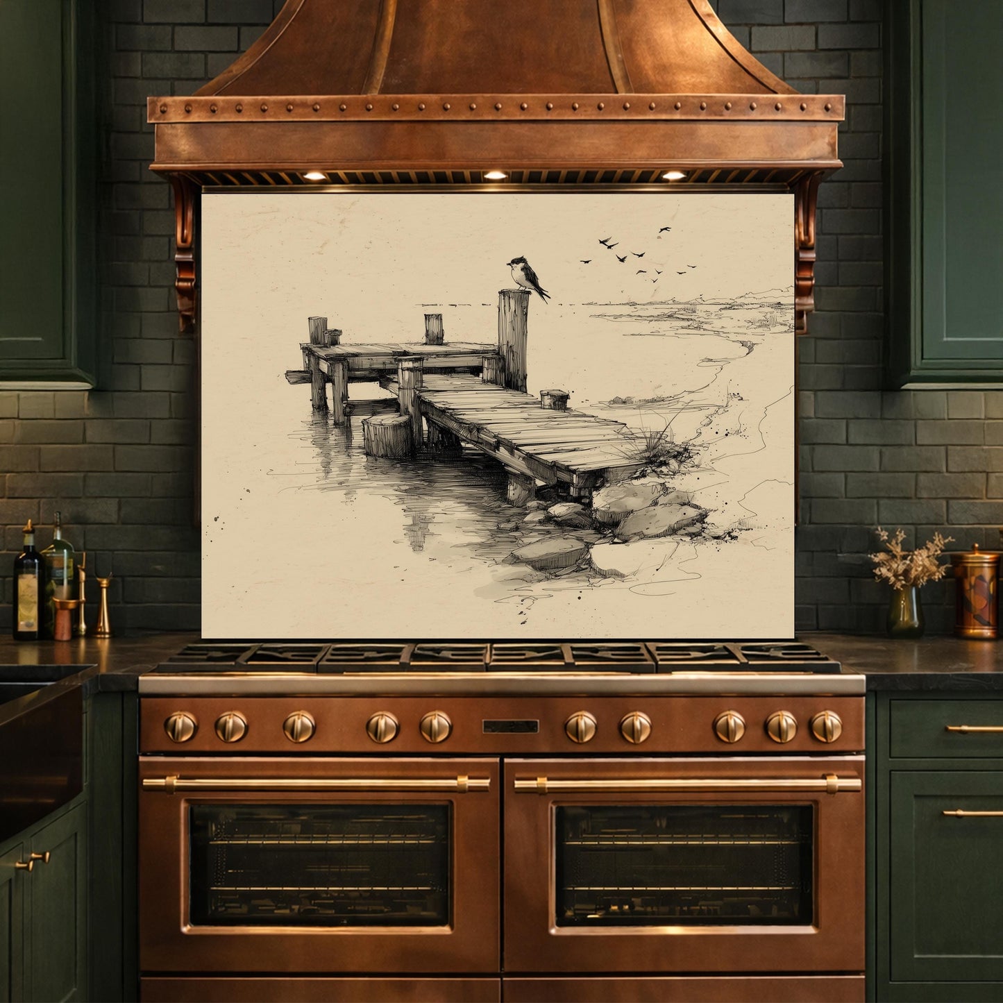 Serene Bird Pier Glass Backsplash, Tempered Glass Wall Art, Coastal Sketch Decor