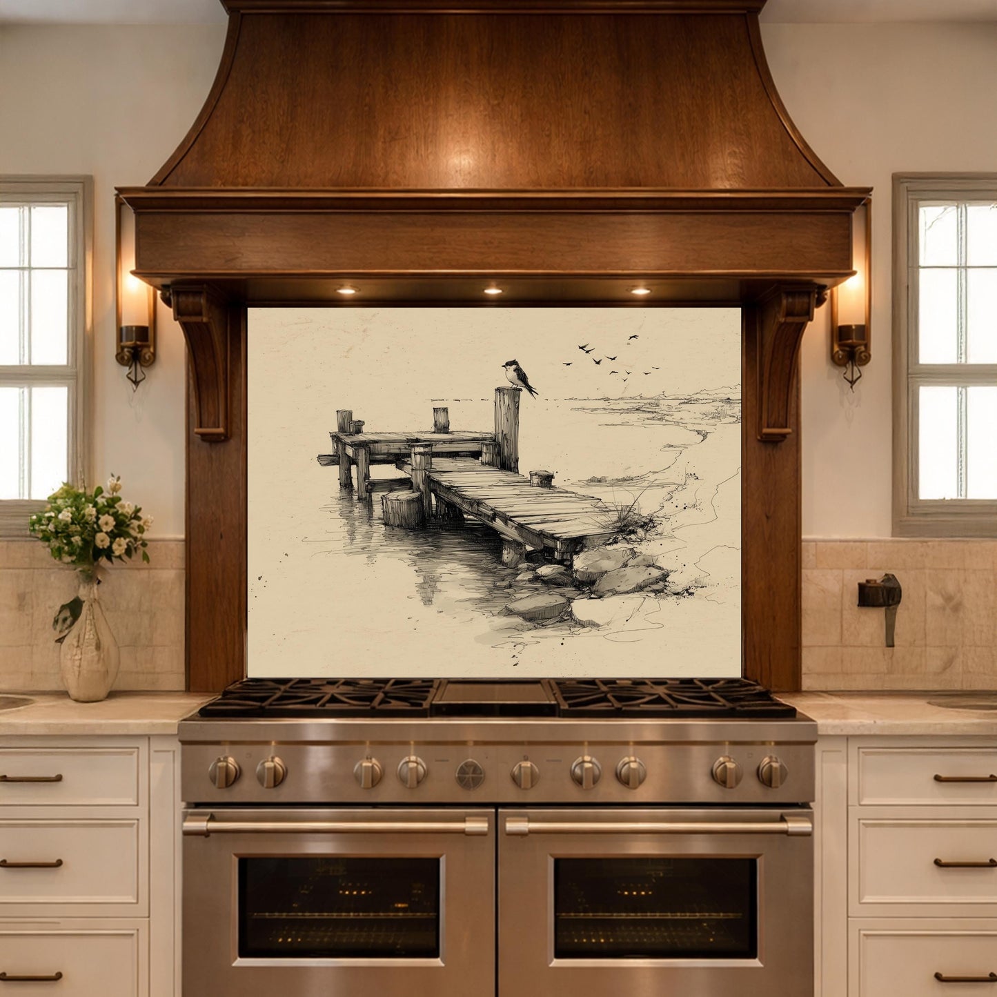Serene Bird Pier Glass Backsplash, Tempered Glass Wall Art, Coastal Sketch Decor