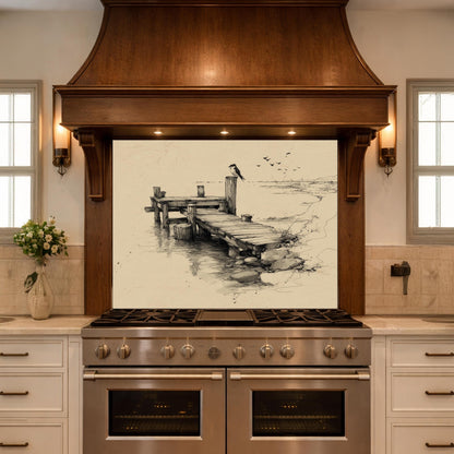 Serene Bird Pier Glass Backsplash, Tempered Glass Wall Art, Coastal Sketch Decor