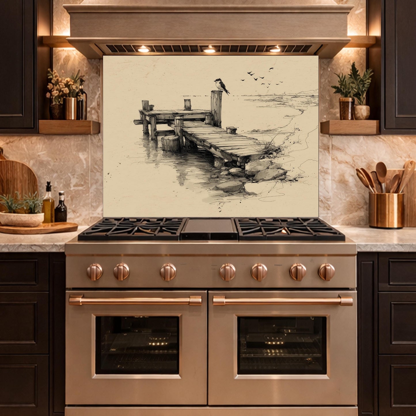 Serene Bird Pier Glass Backsplash, Tempered Glass Wall Art, Coastal Sketch Decor