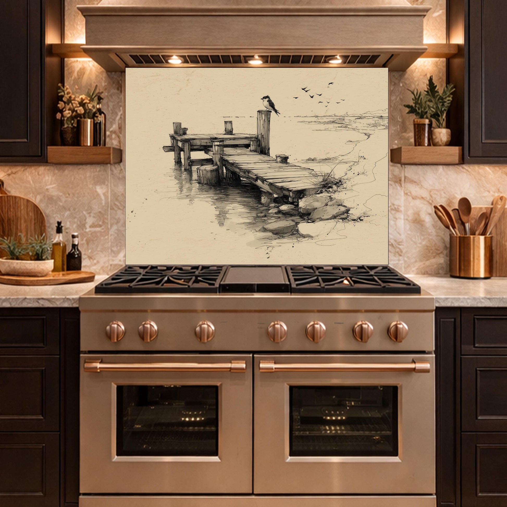 Serene Bird Pier Glass Backsplash, Tempered Glass Wall Art, Coastal Sketch Decor