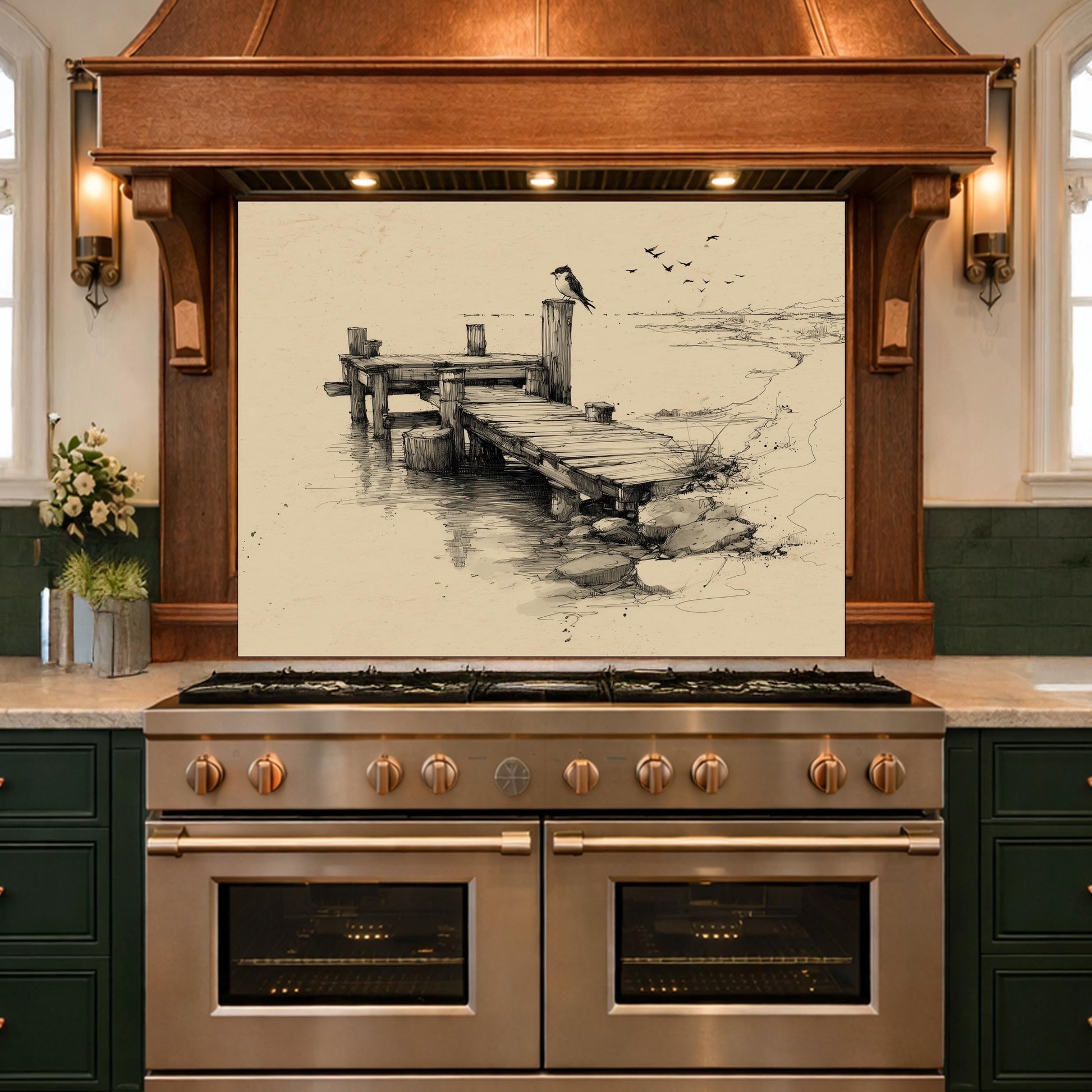 Serene Bird Pier Glass Backsplash, Tempered Glass Wall Art, Coastal Sketch Decor