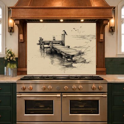 Serene Bird Pier Glass Backsplash, Tempered Glass Wall Art, Coastal Sketch Decor