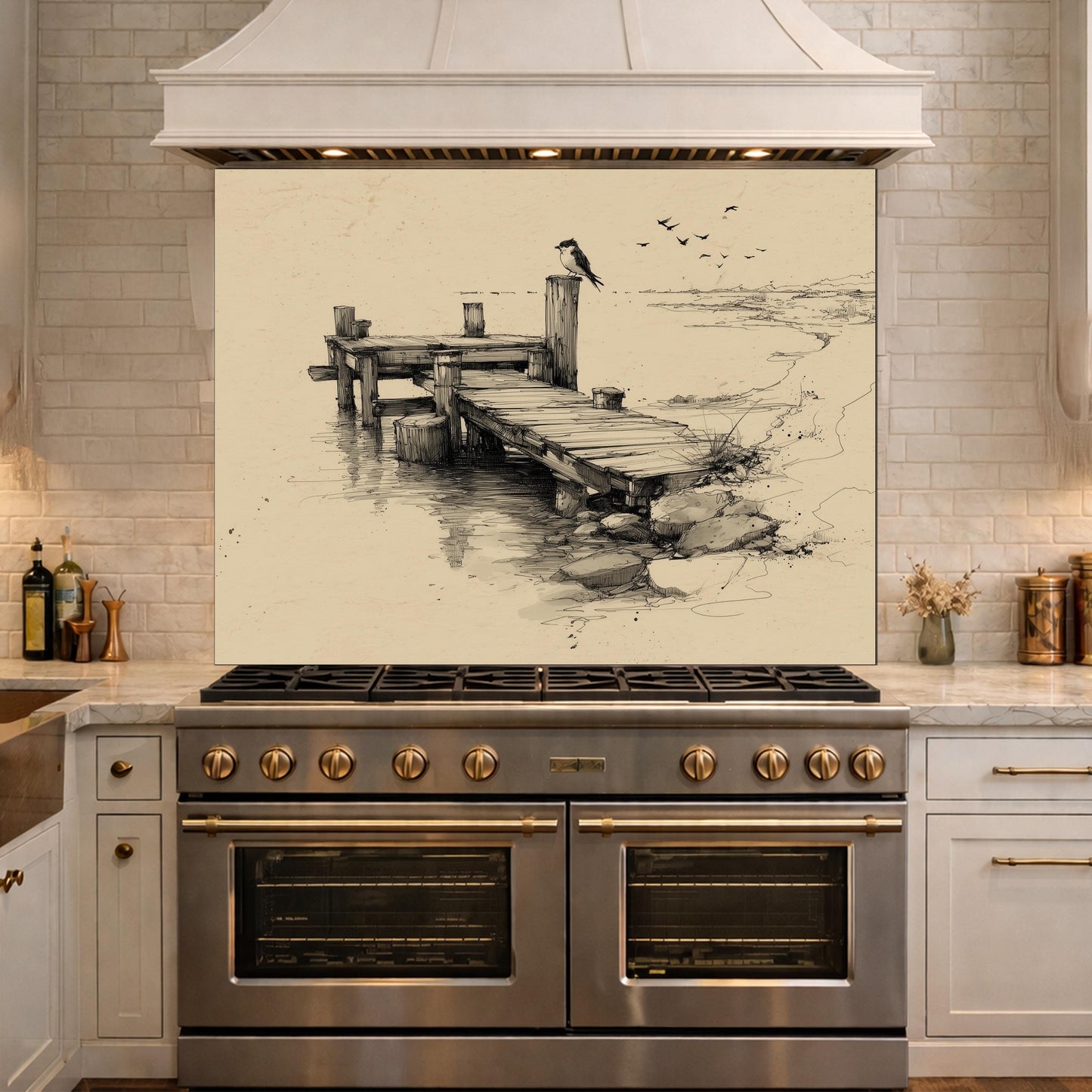 Serene Bird Pier Glass Backsplash, Tempered Glass Wall Art, Coastal Sketch Decor