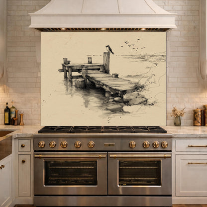 Serene Bird Pier Glass Backsplash, Tempered Glass Wall Art, Coastal Sketch Decor