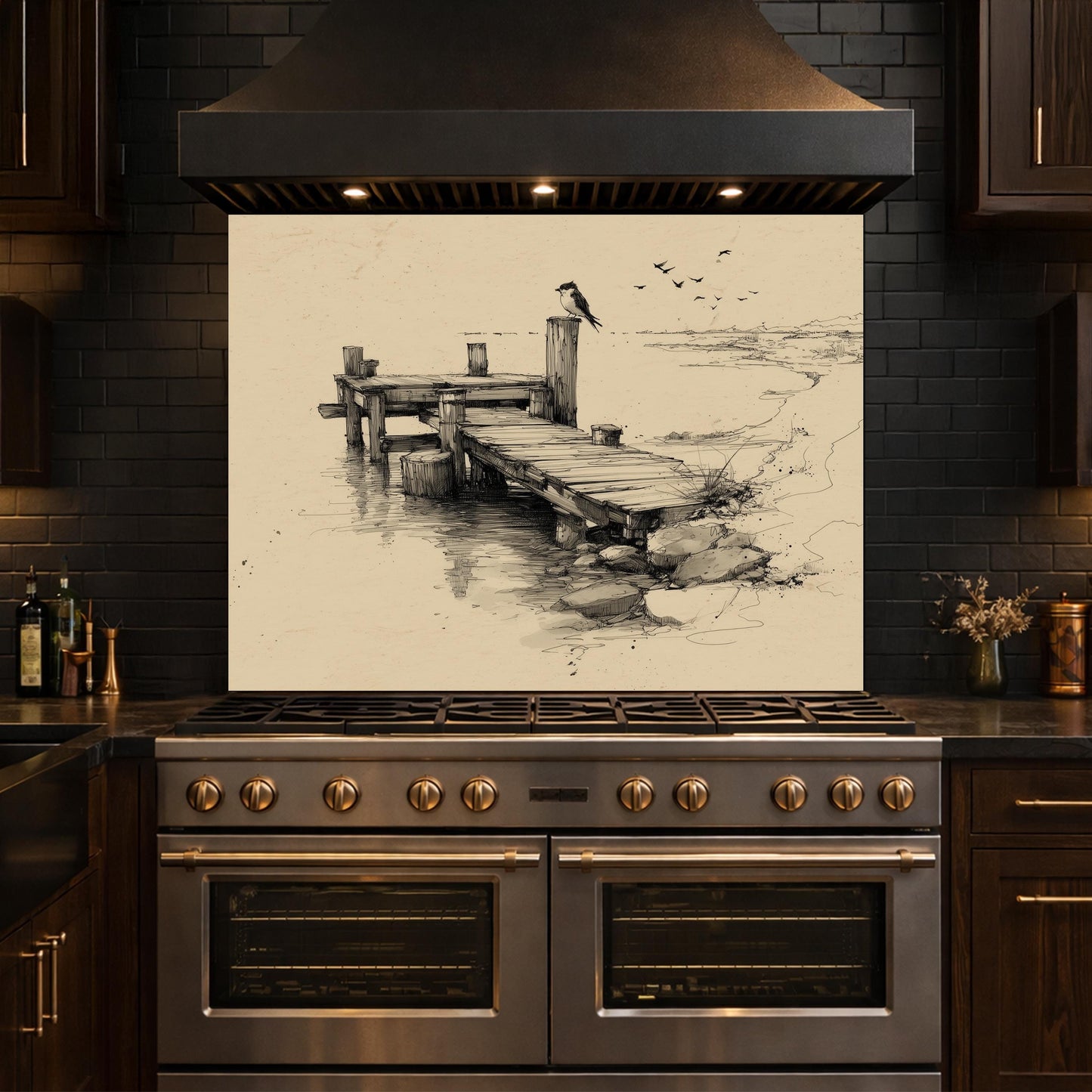Serene Bird Pier Glass Backsplash, Tempered Glass Wall Art, Coastal Sketch Decor