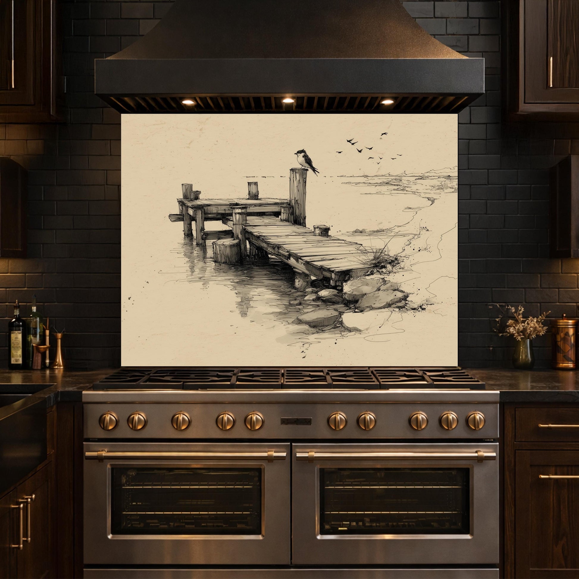 Serene Bird Pier Glass Backsplash, Tempered Glass Wall Art, Coastal Sketch Decor