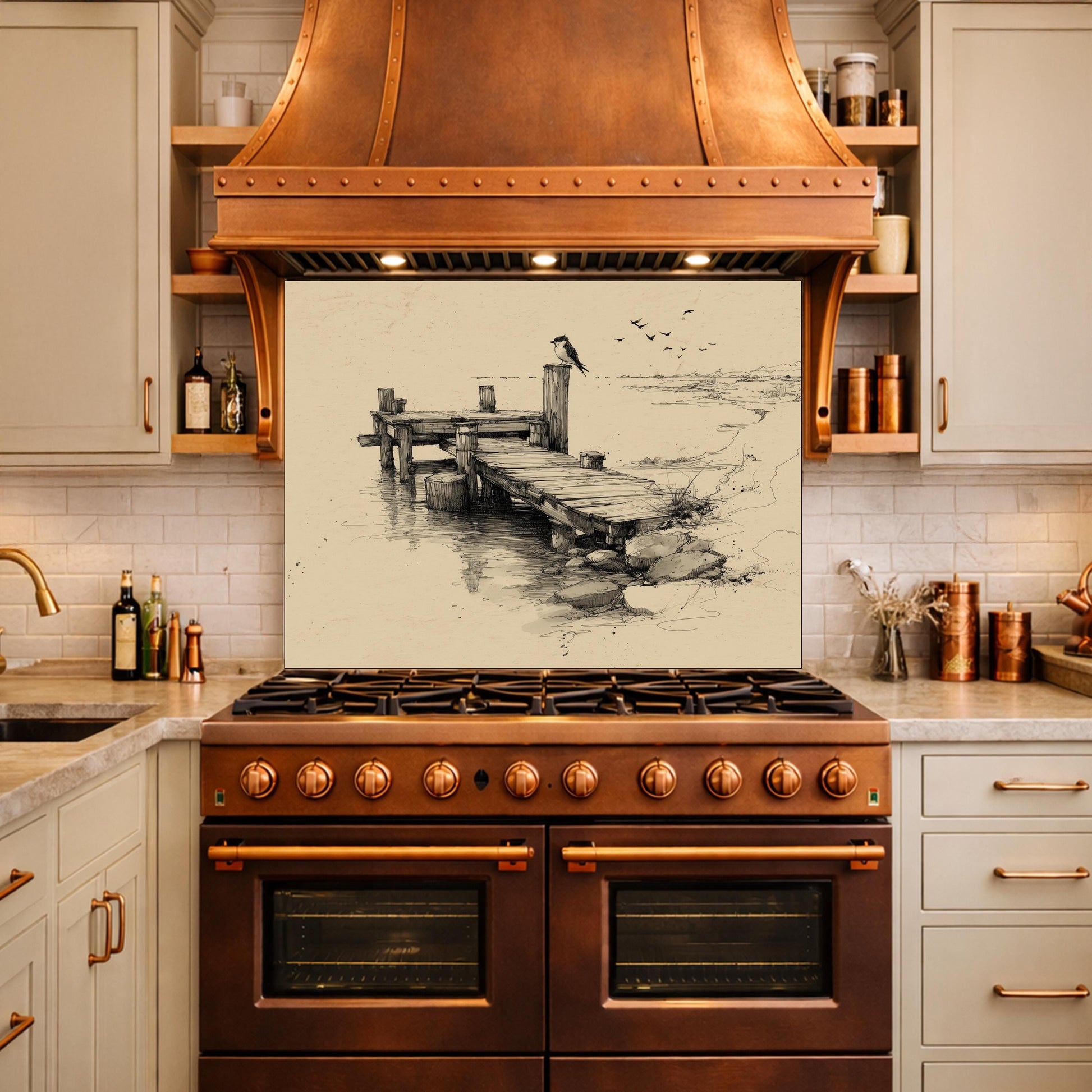 Serene Bird Pier Glass Backsplash, Tempered Glass Wall Art, Coastal Sketch Decor
