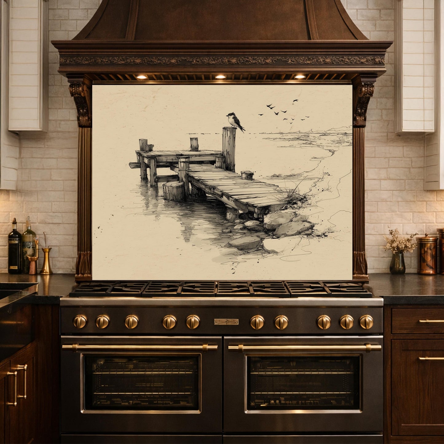 Serene Bird Pier Glass Backsplash, Tempered Glass Wall Art, Coastal Sketch Decor