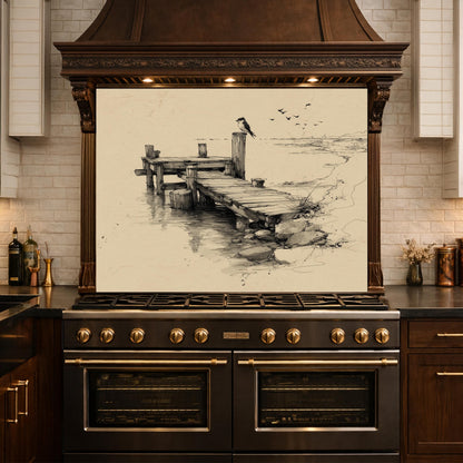 Serene Bird Pier Glass Backsplash, Tempered Glass Wall Art, Coastal Sketch Decor