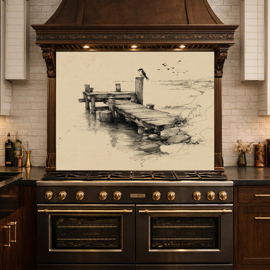 Serene Bird Pier Glass Backsplash, Tempered Glass Wall Art, Coastal Sketch Decor