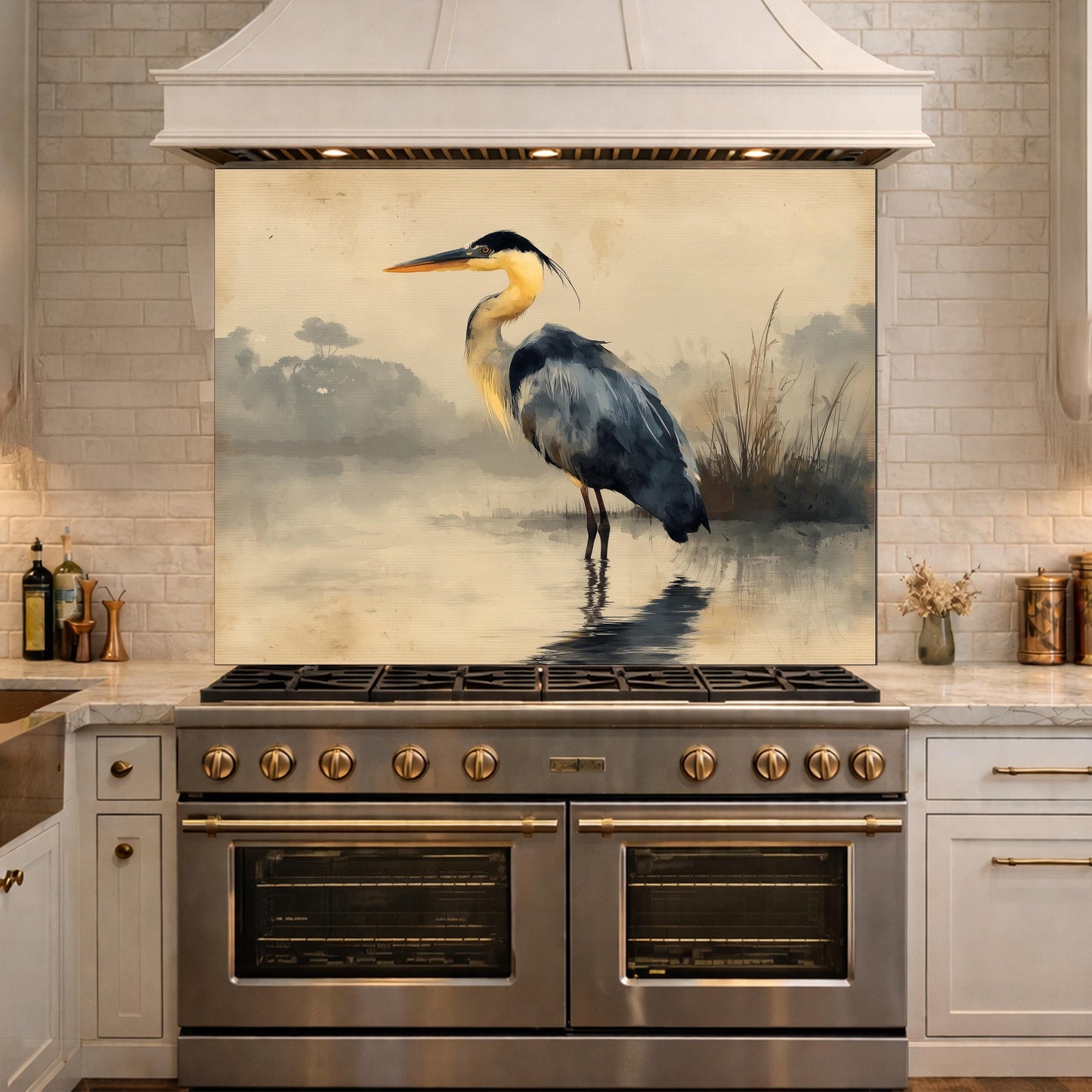 Serene Heron Kitchen Backsplash, Tempered Glass Wall Art, Coastal Nature Decor