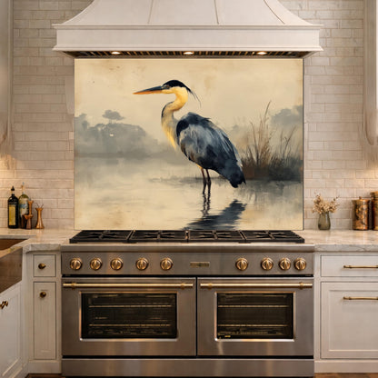 Serene Heron Kitchen Backsplash, Tempered Glass Wall Art, Coastal Nature Decor