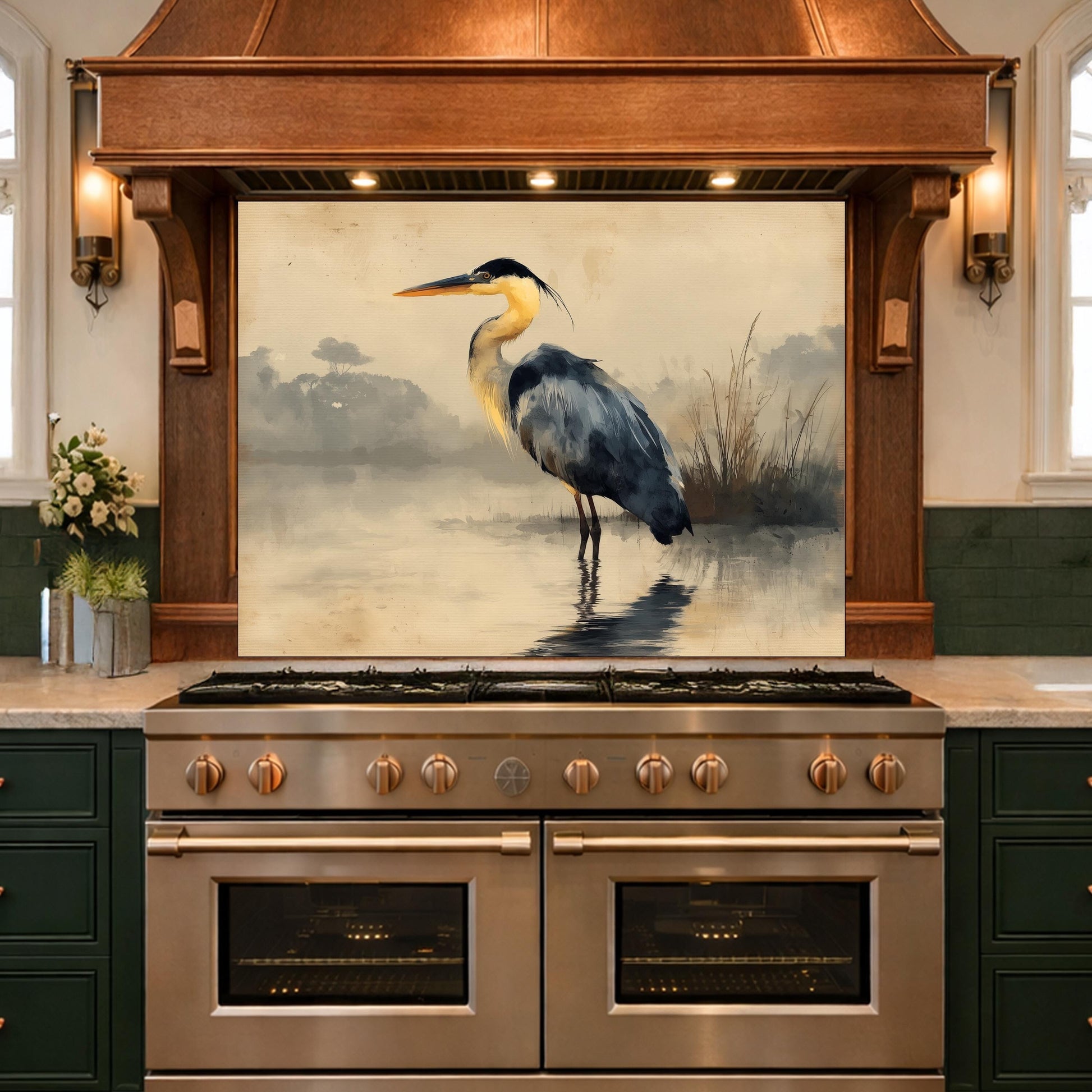 Serene Heron Kitchen Backsplash, Tempered Glass Wall Art, Coastal Nature Decor