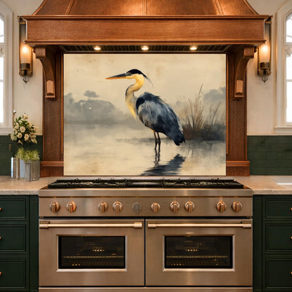 Serene Heron Kitchen Backsplash, Tempered Glass Wall Art, Coastal Nature Decor