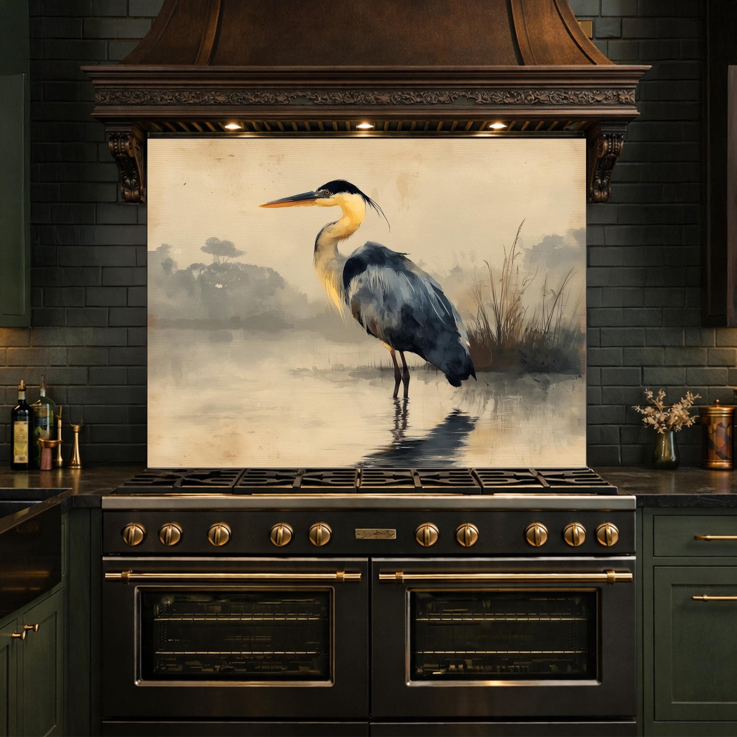Serene Heron Kitchen Backsplash, Tempered Glass Wall Art, Coastal Nature Decor