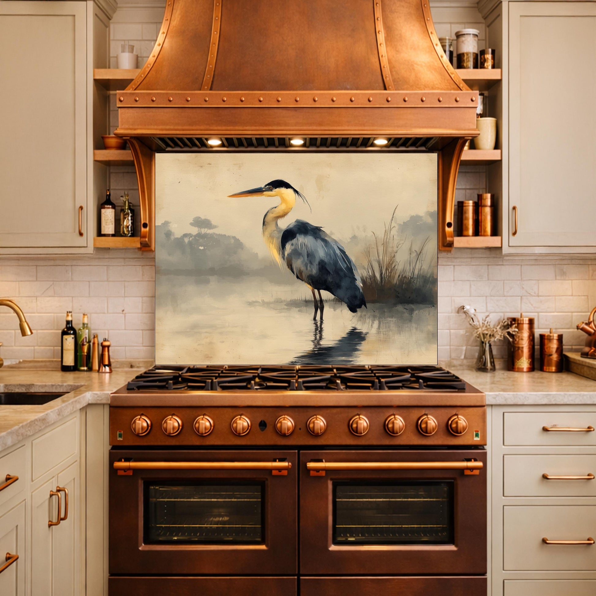 Serene Heron Kitchen Backsplash, Tempered Glass Wall Art, Coastal Nature Decor