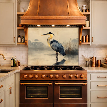 Serene Heron Kitchen Backsplash, Tempered Glass Wall Art, Coastal Nature Decor