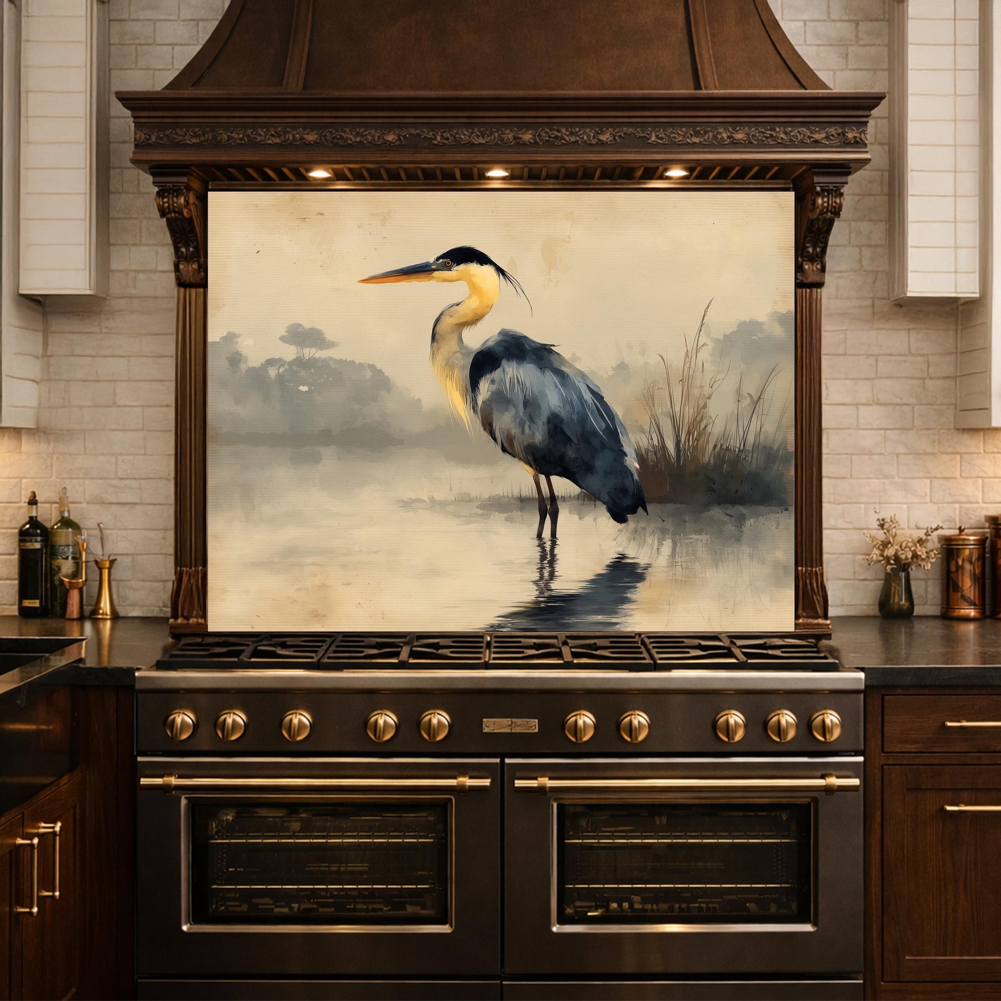 Serene Heron Kitchen Backsplash, Tempered Glass Wall Art, Coastal Nature Decor