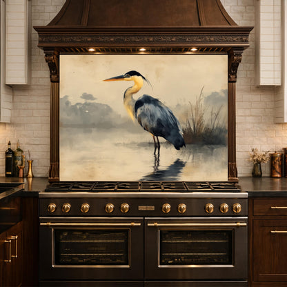 Serene Heron Kitchen Backsplash, Tempered Glass Wall Art, Coastal Nature Decor