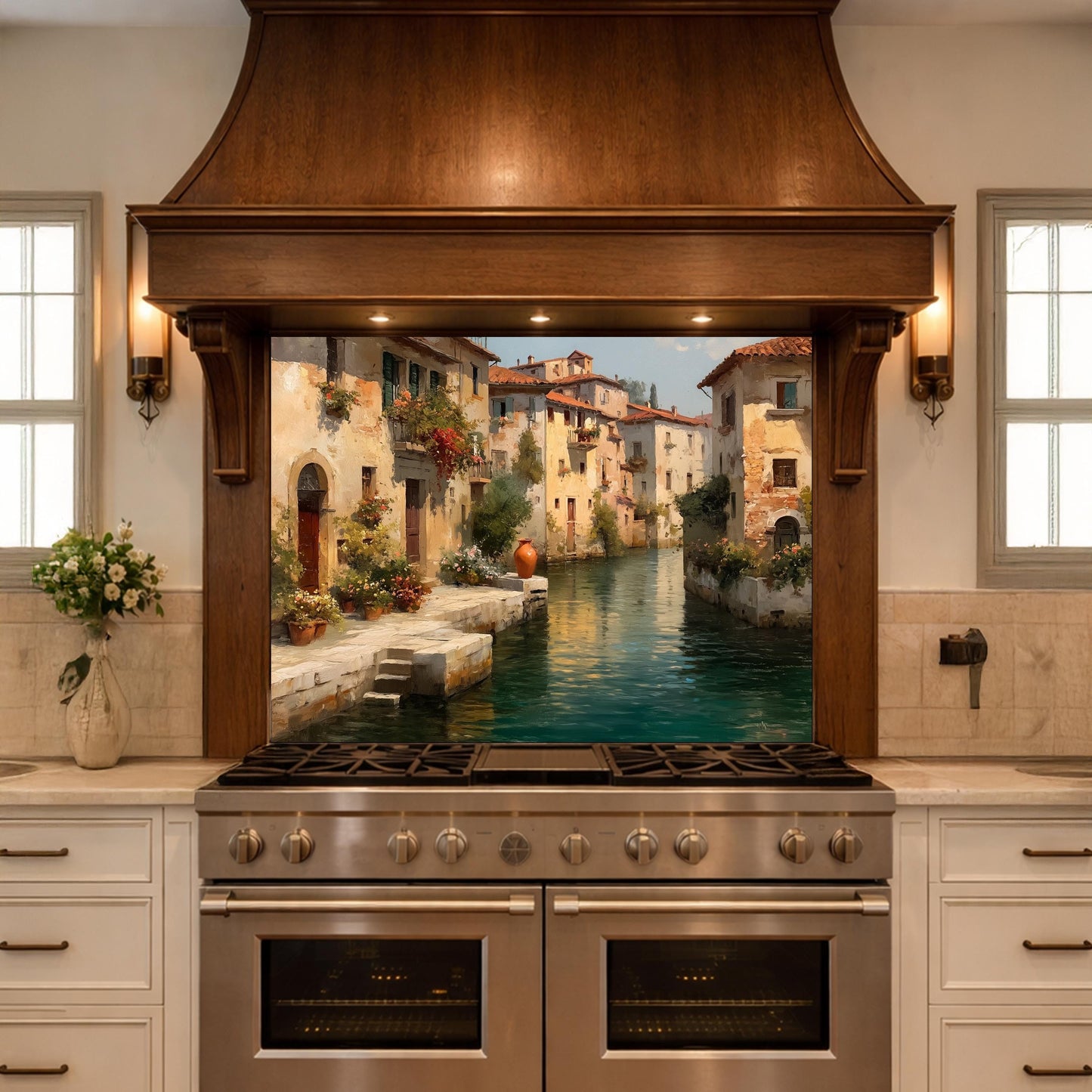 Rustic European Village Kitchen Backsplash, Tempered Glass Wall Art, Scenic Landscape Decor