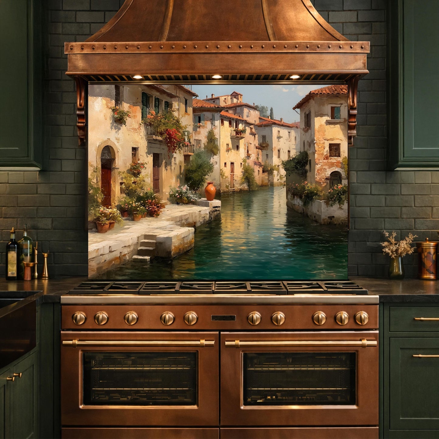 Rustic European Village Kitchen Backsplash, Tempered Glass Wall Art, Scenic Landscape Decor