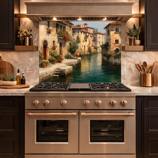 Rustic European Village Kitchen Backsplash, Tempered Glass Wall Art, Scenic Landscape Decor