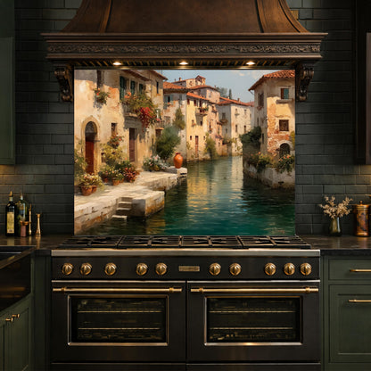 Rustic European Village Kitchen Backsplash, Tempered Glass Wall Art, Scenic Landscape Decor