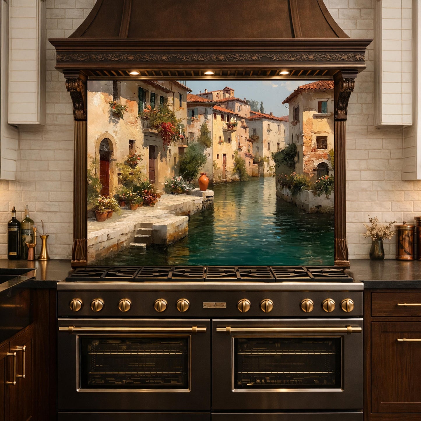 Rustic European Village Kitchen Backsplash, Tempered Glass Wall Art, Scenic Landscape Decor