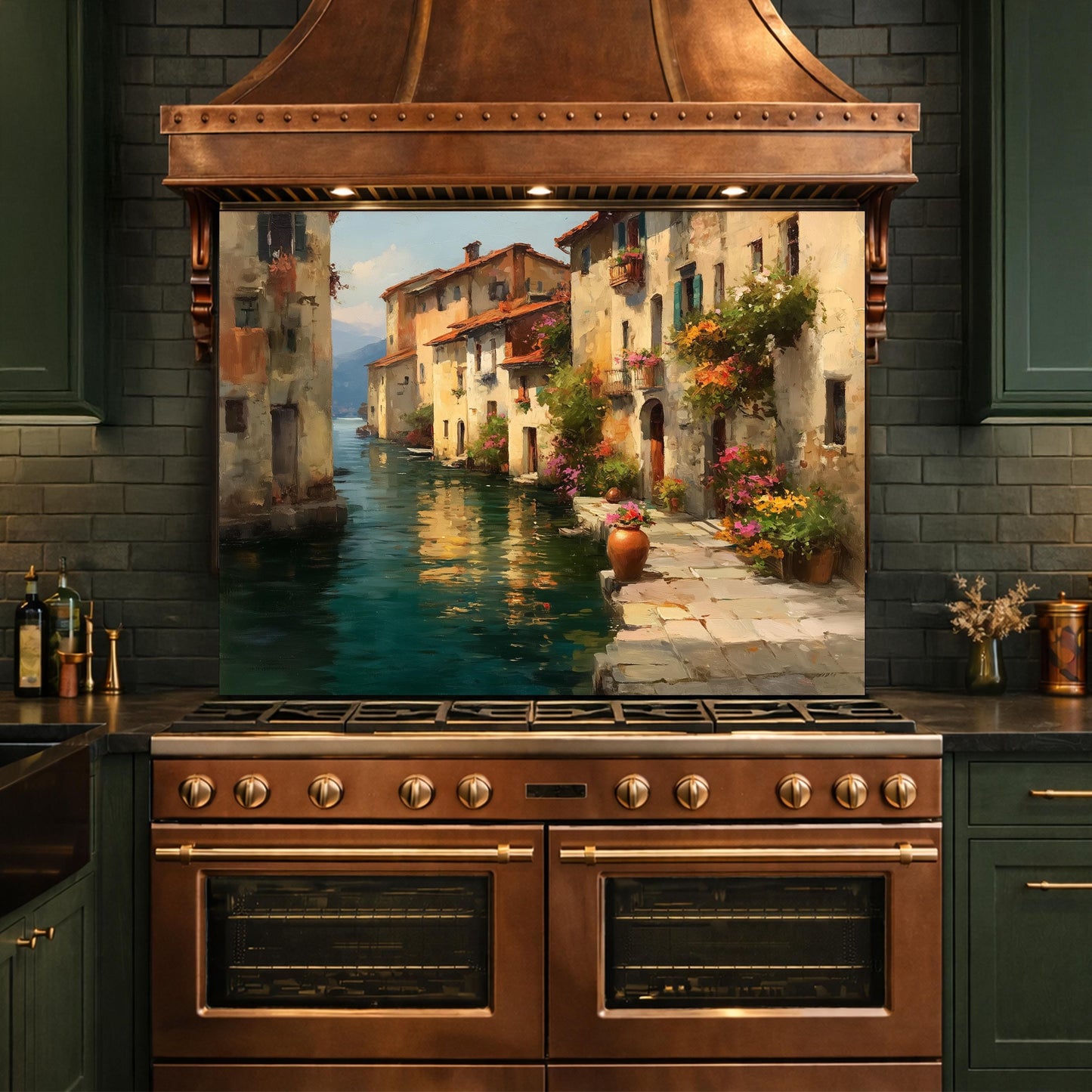 Italian Canal Village Painting, Tempered Glass Backsplash, Rustic Mediterranean Kitchen Decor
