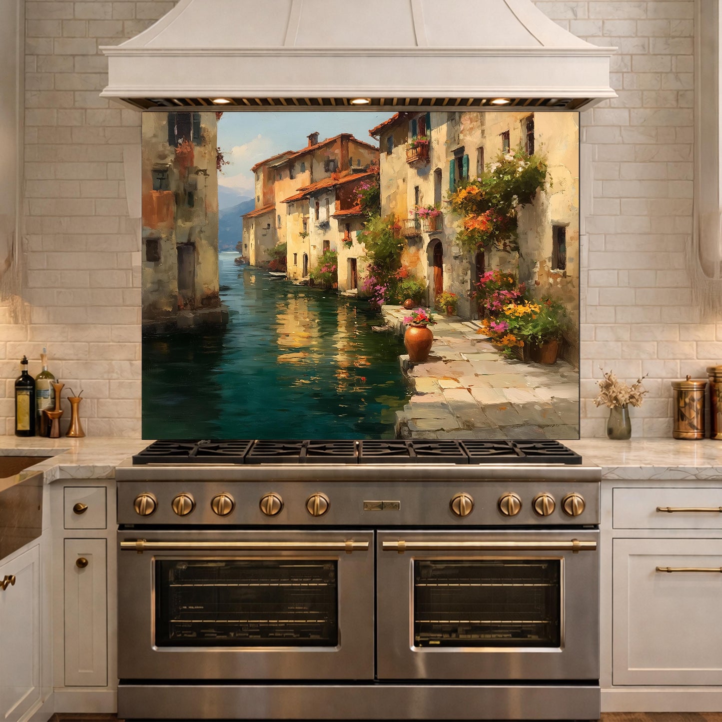Italian Canal Village Painting, Tempered Glass Backsplash, Rustic Mediterranean Kitchen Decor