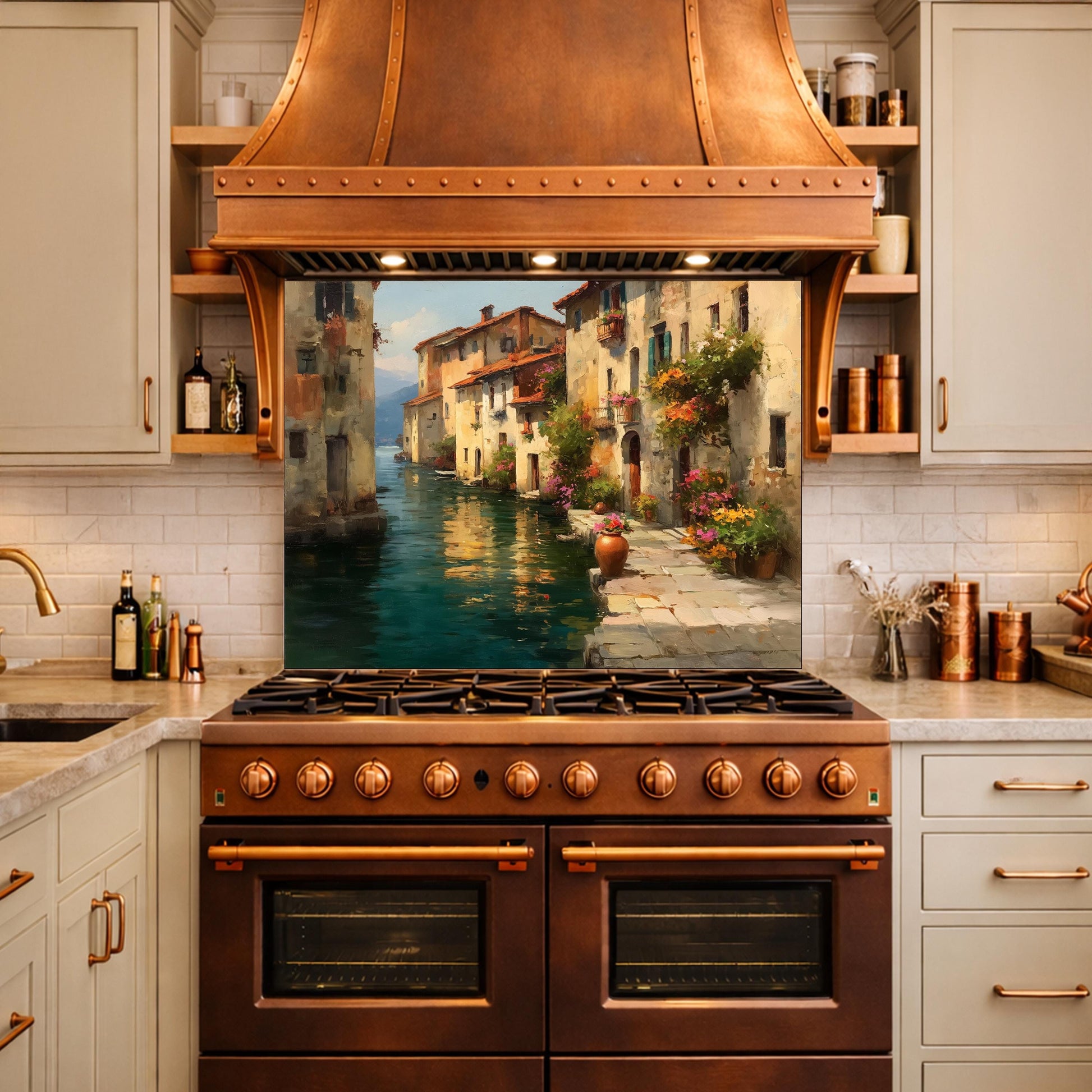 Italian Canal Village Painting, Tempered Glass Backsplash, Rustic Mediterranean Kitchen Decor