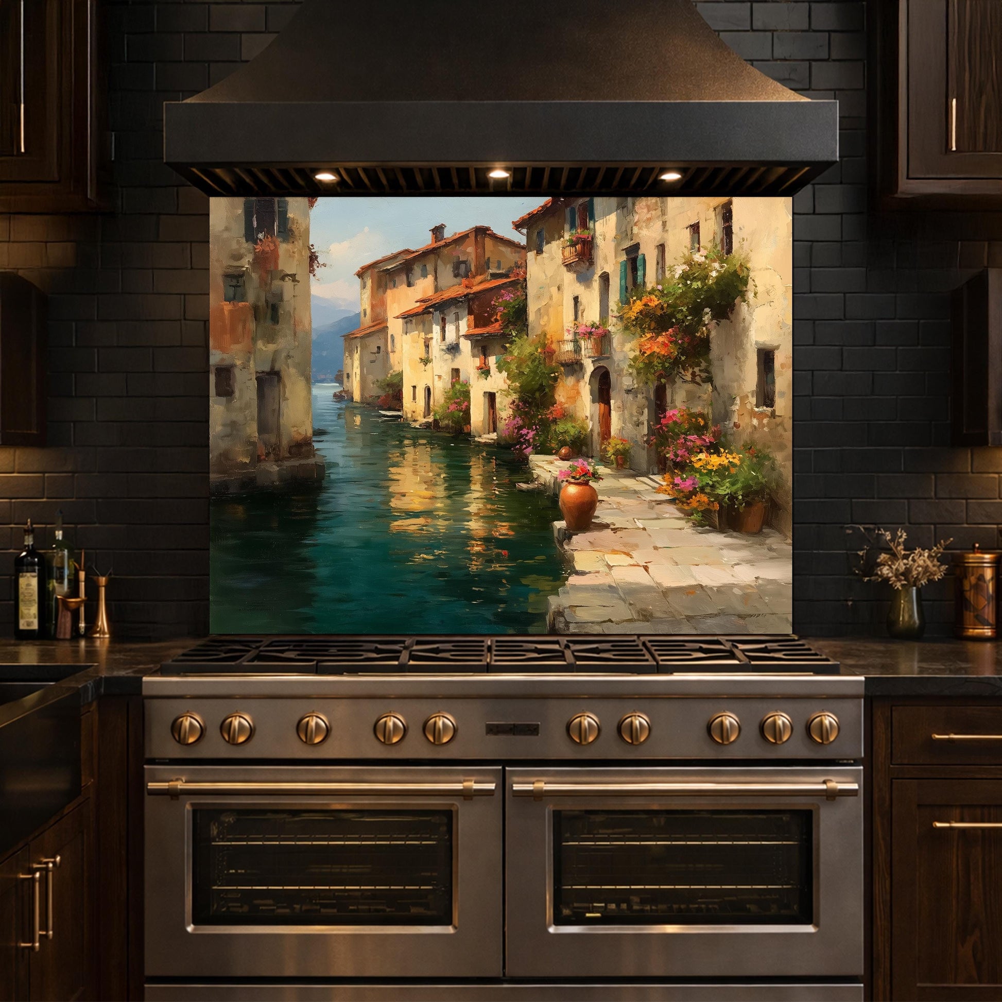 Italian Canal Village Painting, Tempered Glass Backsplash, Rustic Mediterranean Kitchen Decor