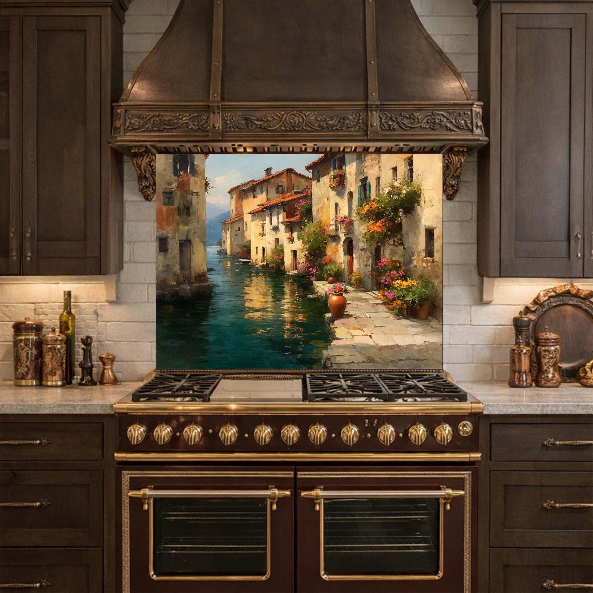 Italian Canal Village Painting, Tempered Glass Backsplash, Rustic Mediterranean Kitchen Decor
