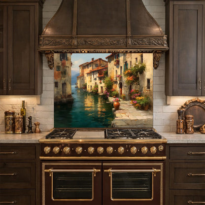Italian Canal Village Painting, Tempered Glass Backsplash, Rustic Mediterranean Kitchen Decor
