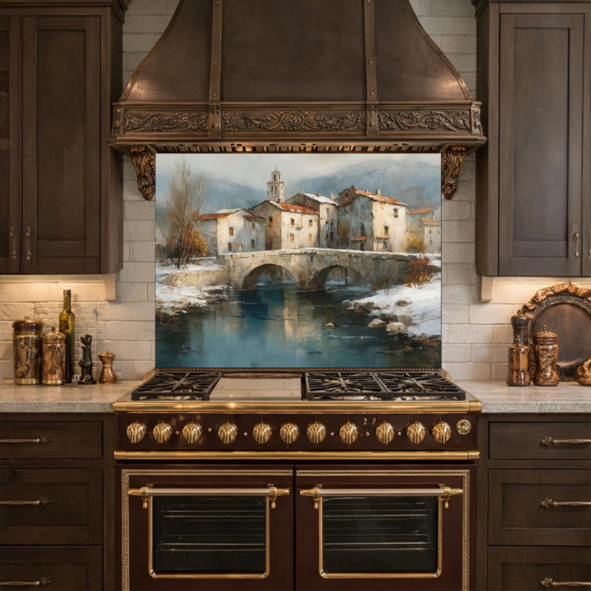Mediterranean Village Canal Glass Backsplash, Tempered Kitchen Wall Art, European Street Decor