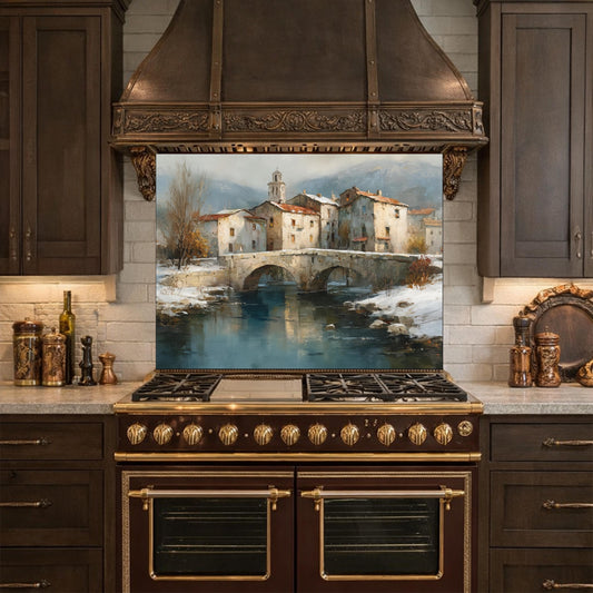 Mediterranean Village Canal Glass Backsplash, Tempered Kitchen Wall Art, European Street Decor