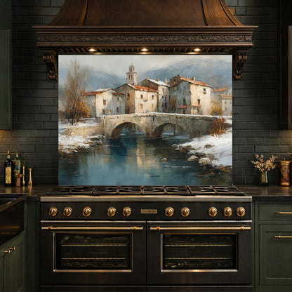 Mediterranean Village Canal Glass Backsplash, Tempered Kitchen Wall Art, European Street Decor