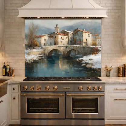 Mediterranean Village Canal Glass Backsplash, Tempered Kitchen Wall Art, European Street Decor