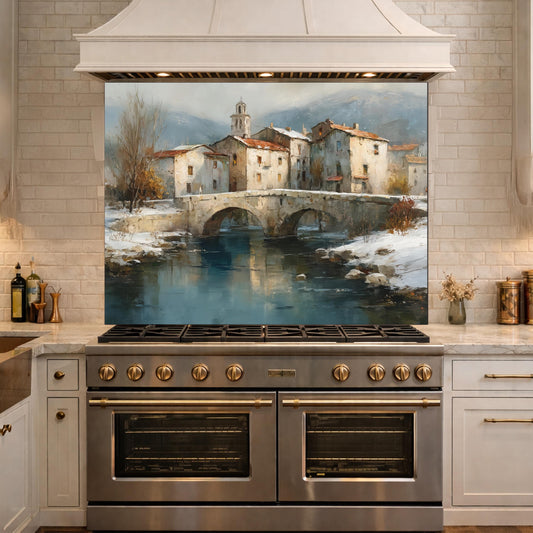 Mediterranean Village Canal Glass Backsplash, Tempered Kitchen Wall Art, European Street Decor