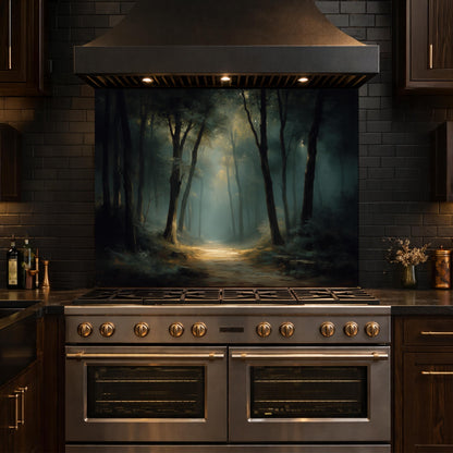 Vintage Forest Backsplash - Enchanted Woodland Glass Panel, Rustic Kitchen Stove Splashback, Nature-Inspired Wall Art