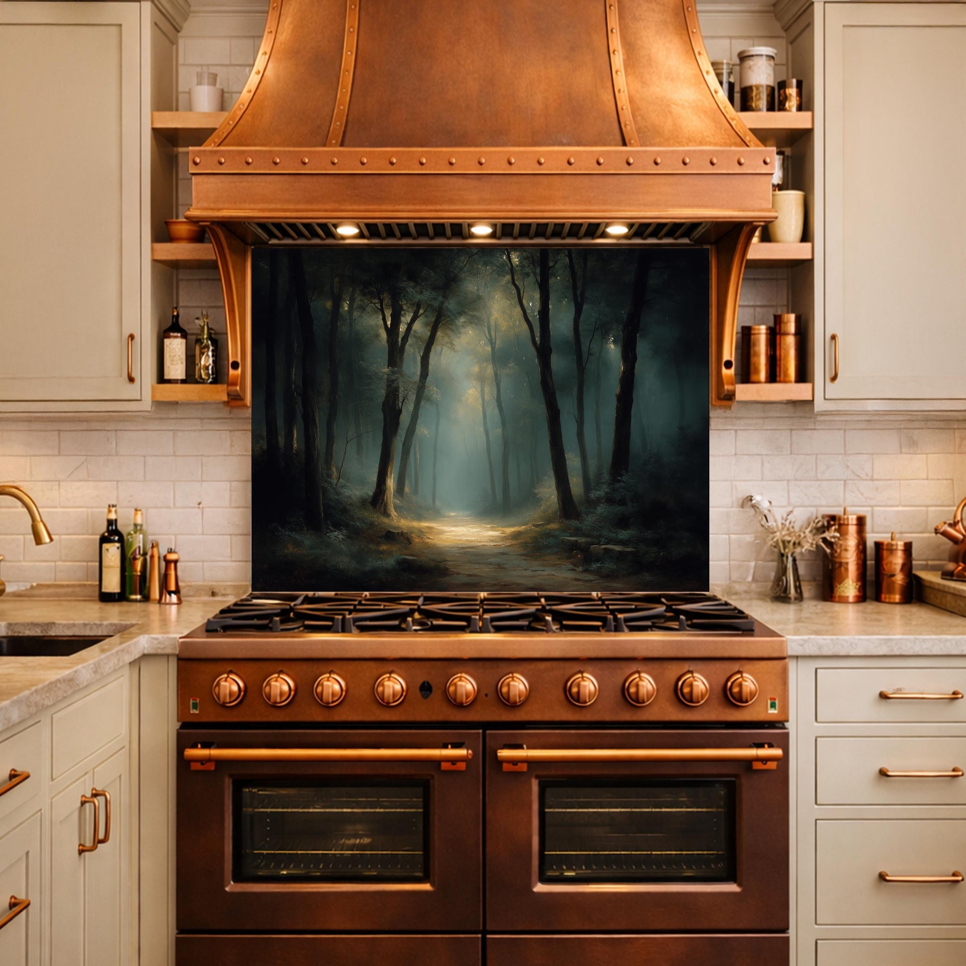 Vintage Forest Backsplash - Enchanted Woodland Glass Panel, Rustic Kitchen Stove Splashback, Nature-Inspired Wall Art