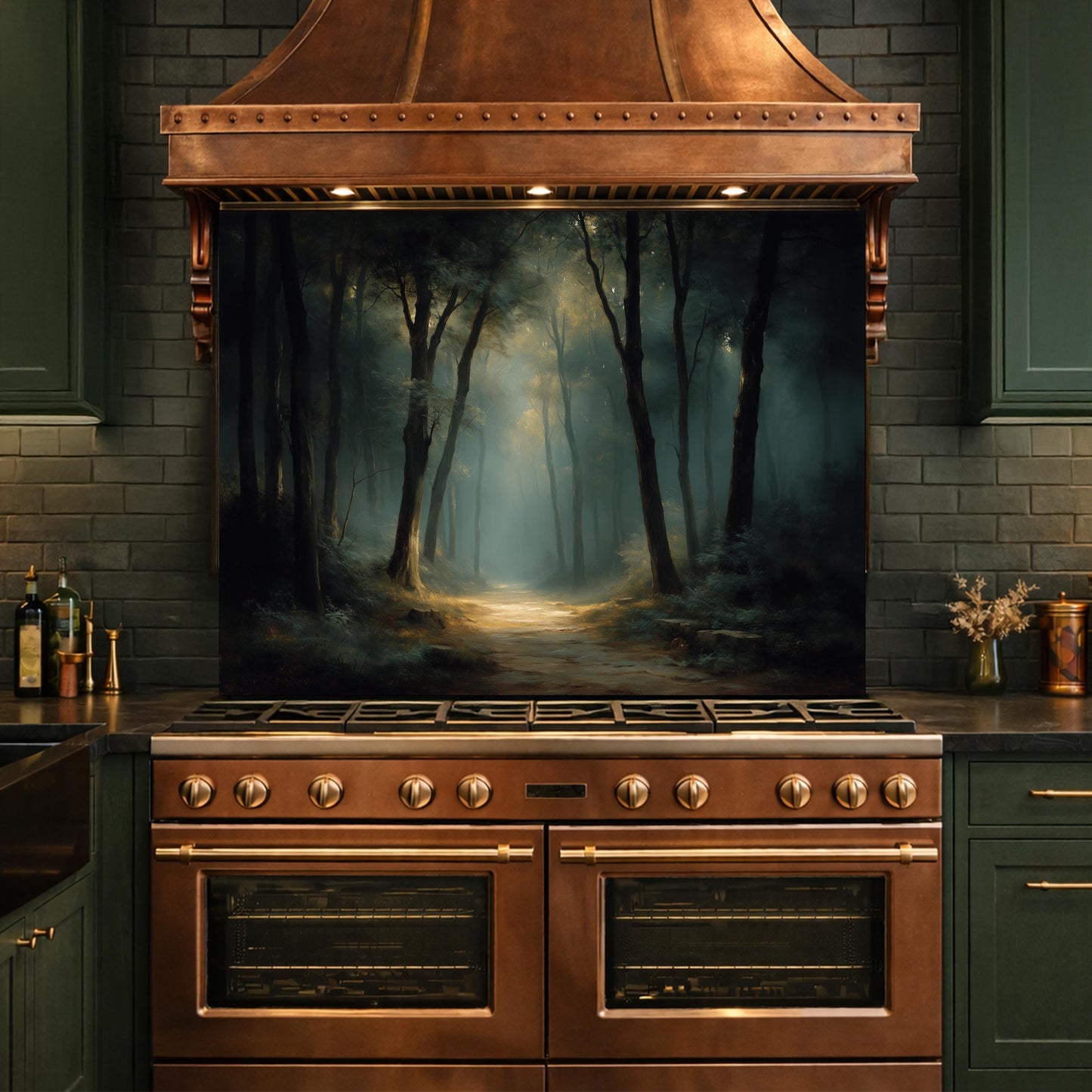 Vintage Forest Backsplash - Enchanted Woodland Glass Panel, Rustic Kitchen Stove Splashback, Nature-Inspired Wall Art