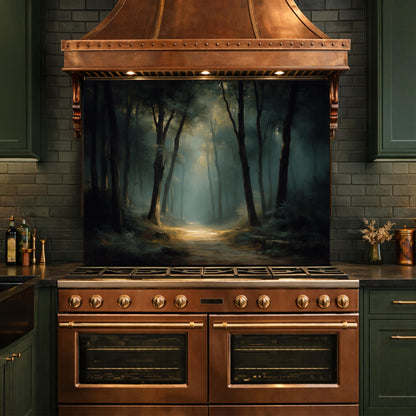Vintage Forest Backsplash - Enchanted Woodland Glass Panel, Rustic Kitchen Stove Splashback, Nature-Inspired Wall Art