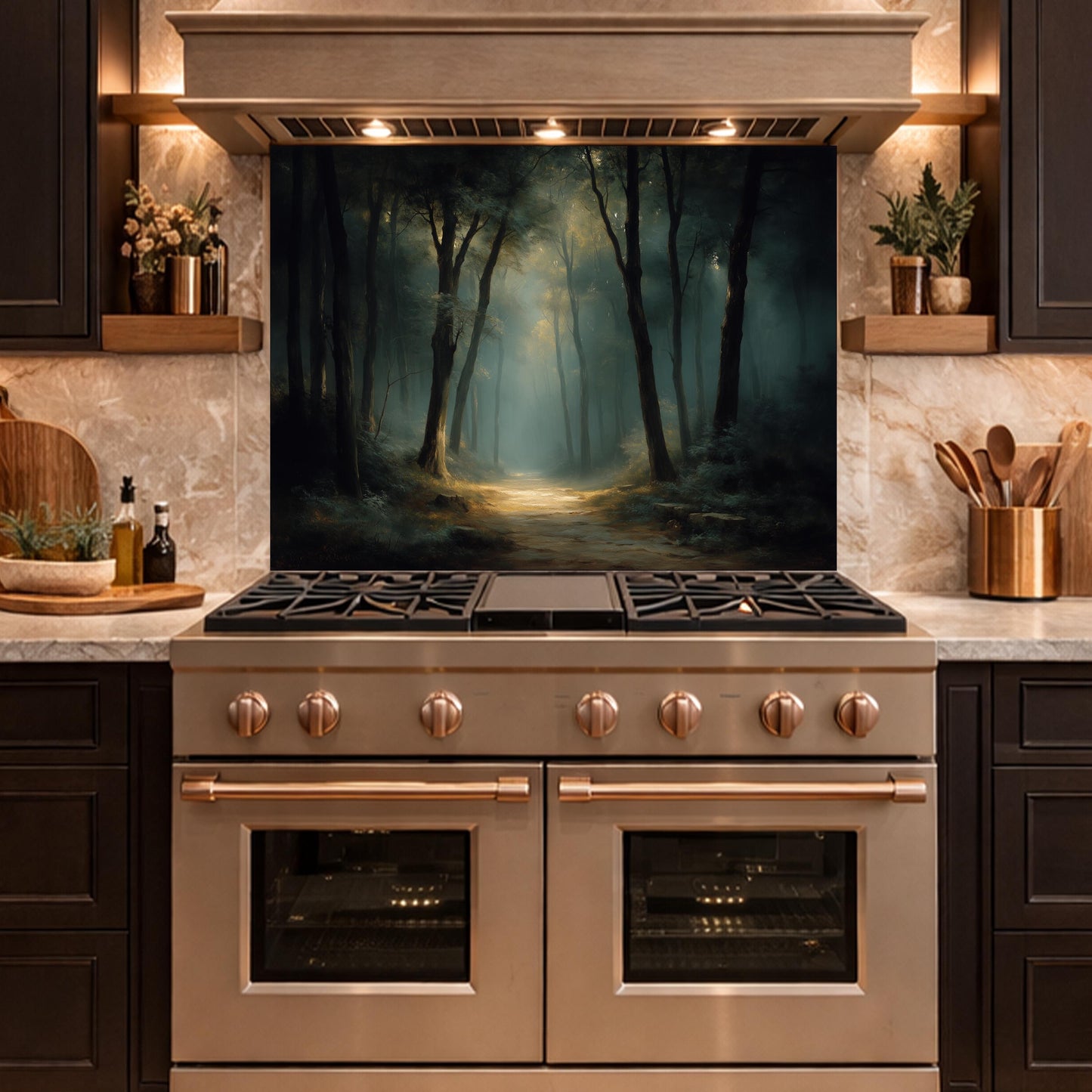 Vintage Forest Backsplash - Enchanted Woodland Glass Panel, Rustic Kitchen Stove Splashback, Nature-Inspired Wall Art