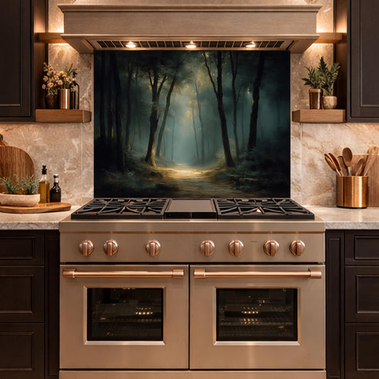 Vintage Forest Backsplash - Enchanted Woodland Glass Panel, Rustic Kitchen Stove Splashback, Nature-Inspired Wall Art