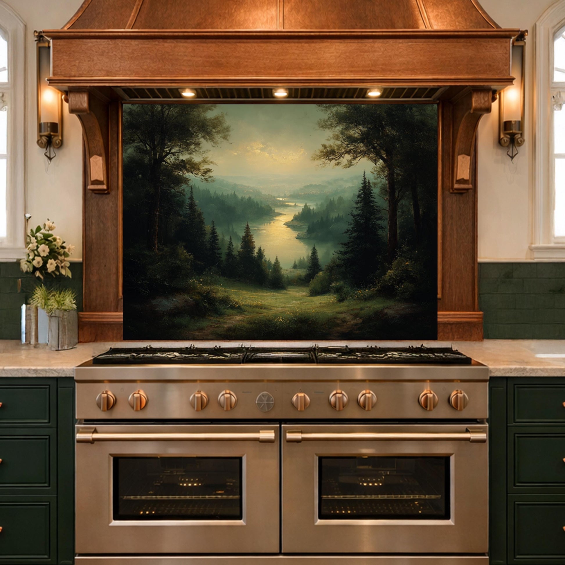 Vintage Forest Backsplash - Misty Woodland Scenic Glass Panel, Kitchen Stove Splashback, Nature-Inspired Art Tile