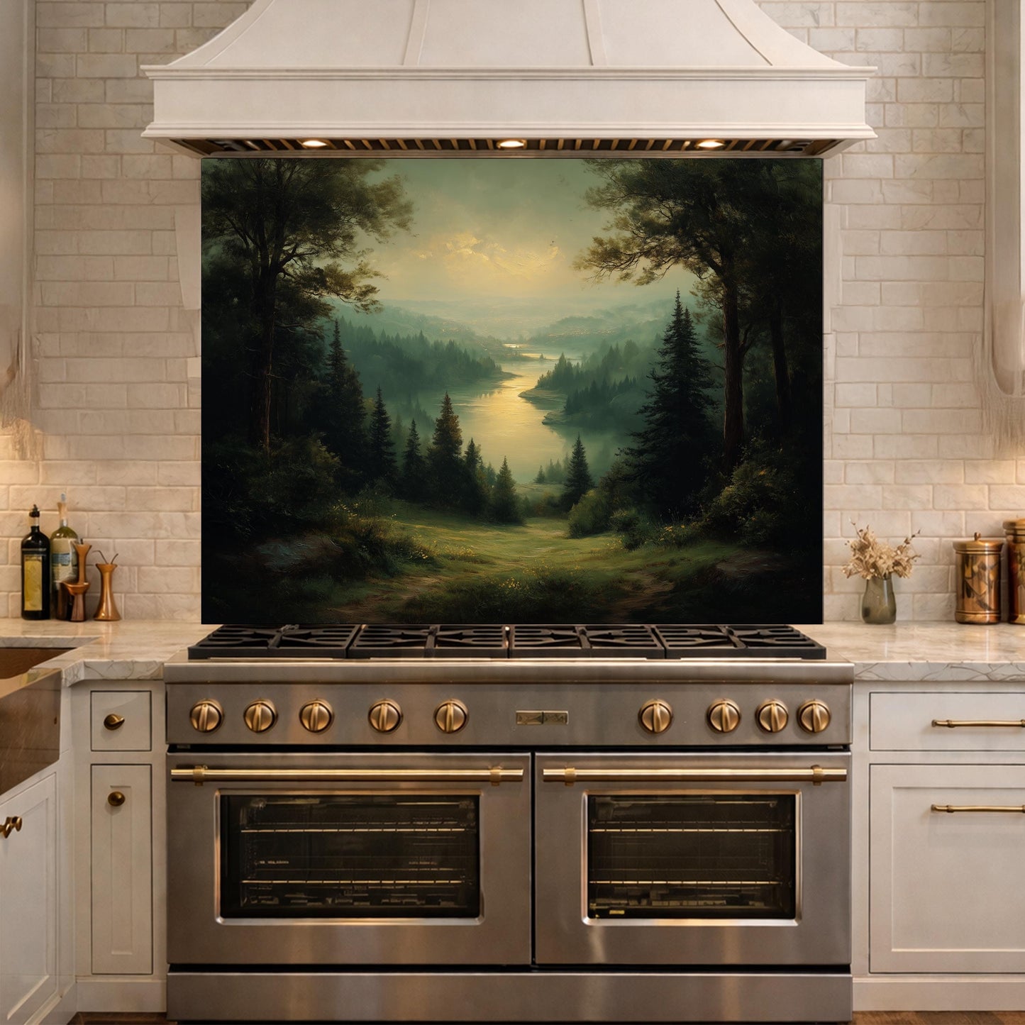 Vintage Forest Backsplash - Misty Woodland Scenic Glass Panel, Kitchen Stove Splashback, Nature-Inspired Art Tile